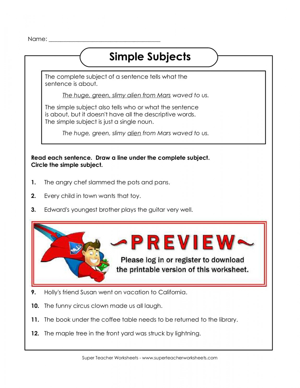 Simple Subjects - Super Teacher Worksheets