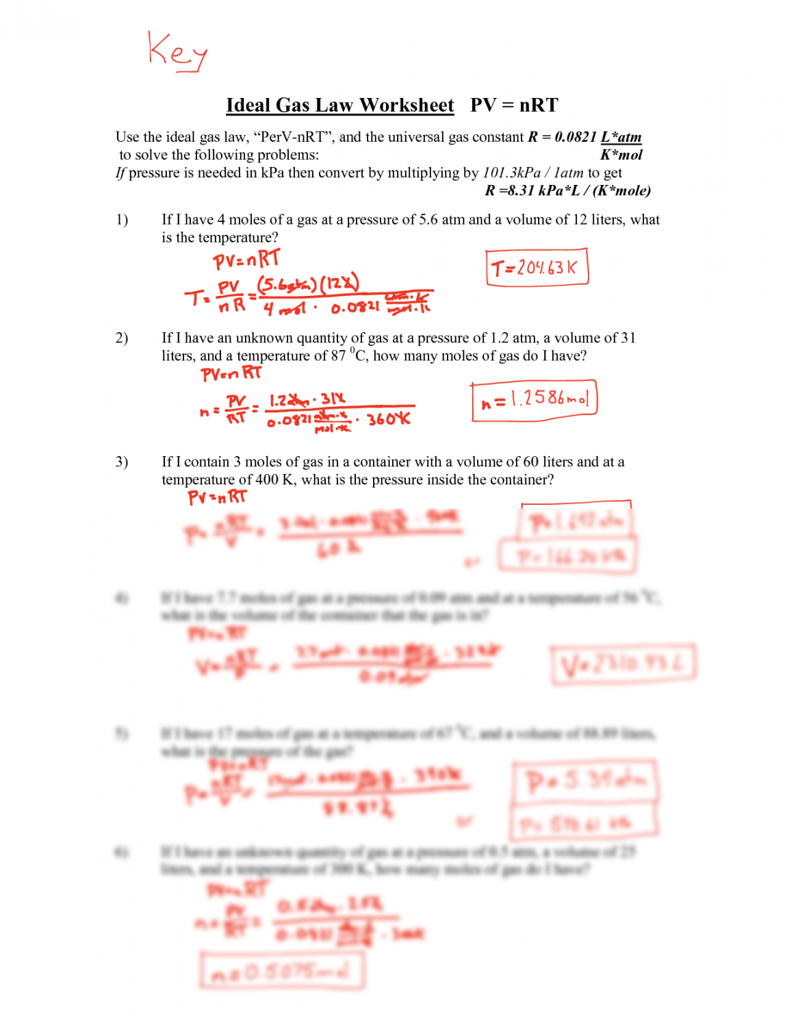 SOLUTION: Ideal gas law worksheet  answer - Studypool