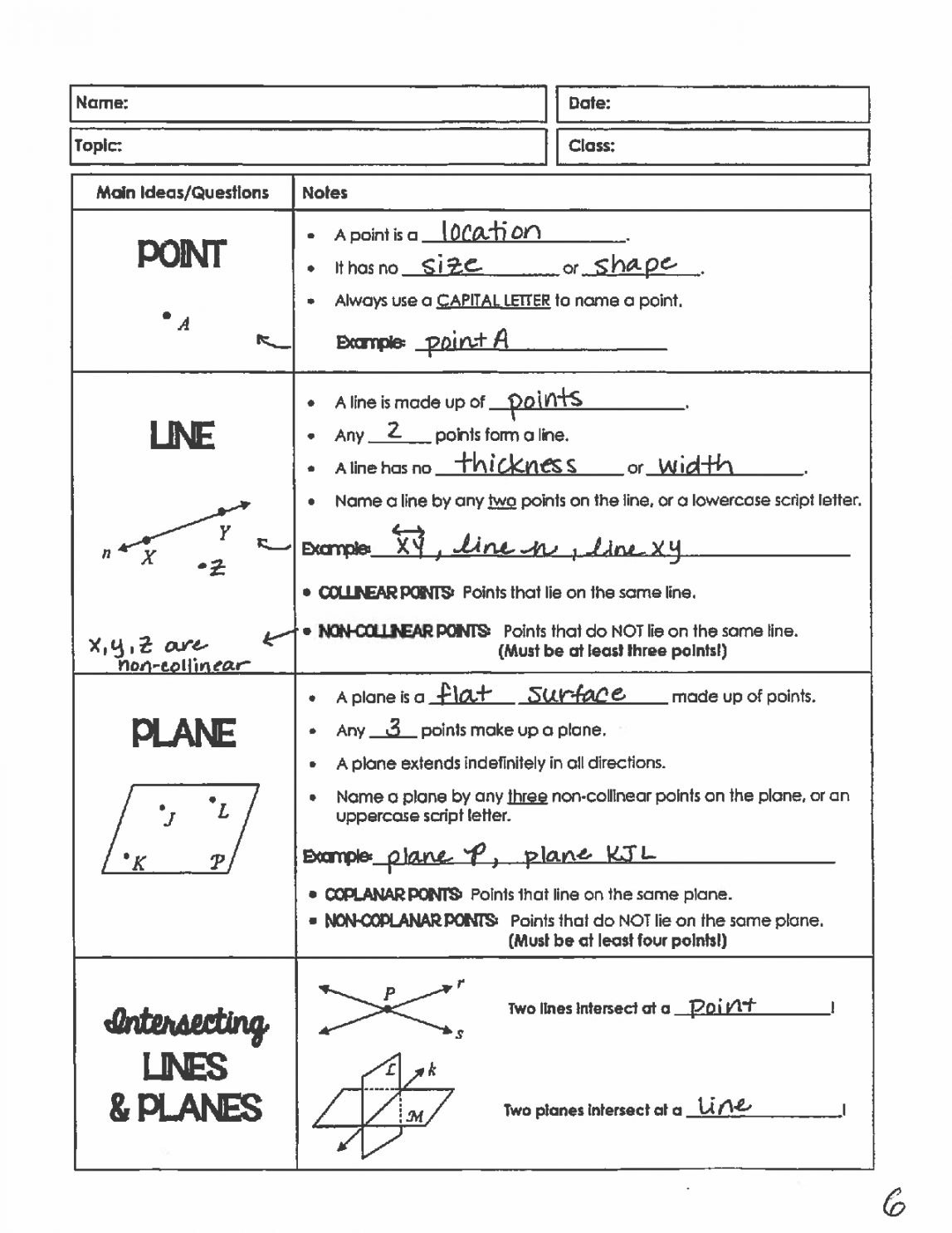 SOLUTION: Points Lines and Planes Worksheet - Studypool
