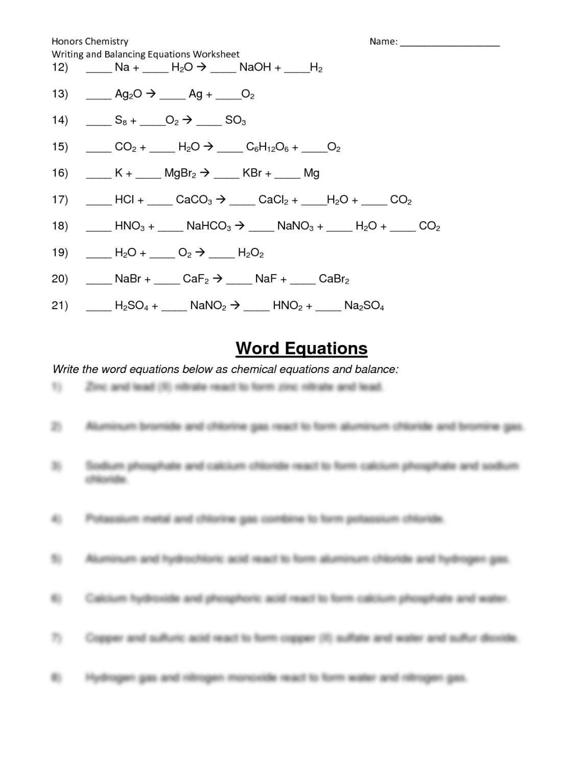 SOLUTION: Worksheet balancing equations - Studypool