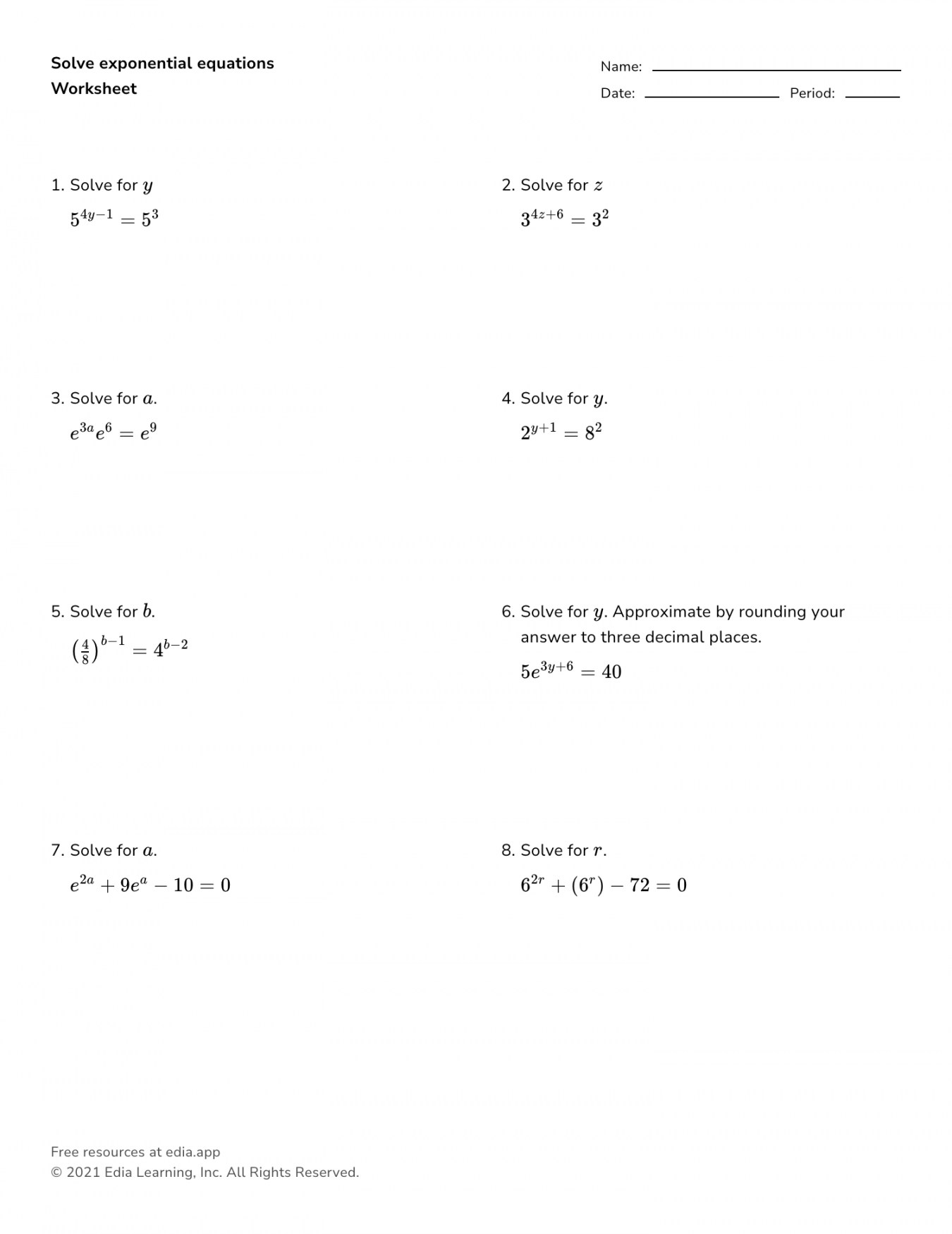 Solve Exponential Equations - Worksheet