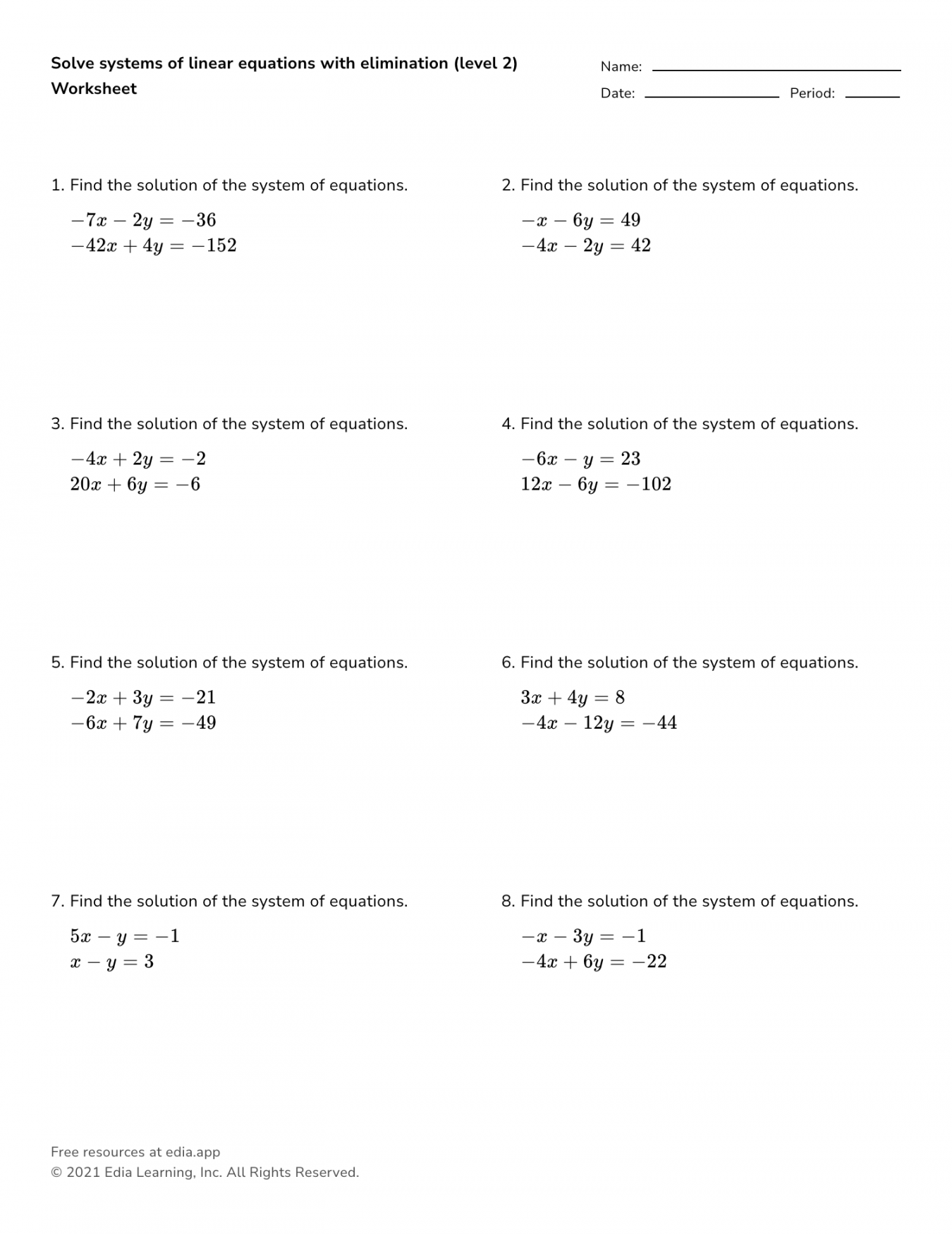 Systems Of Equations By Elimination Worksheet