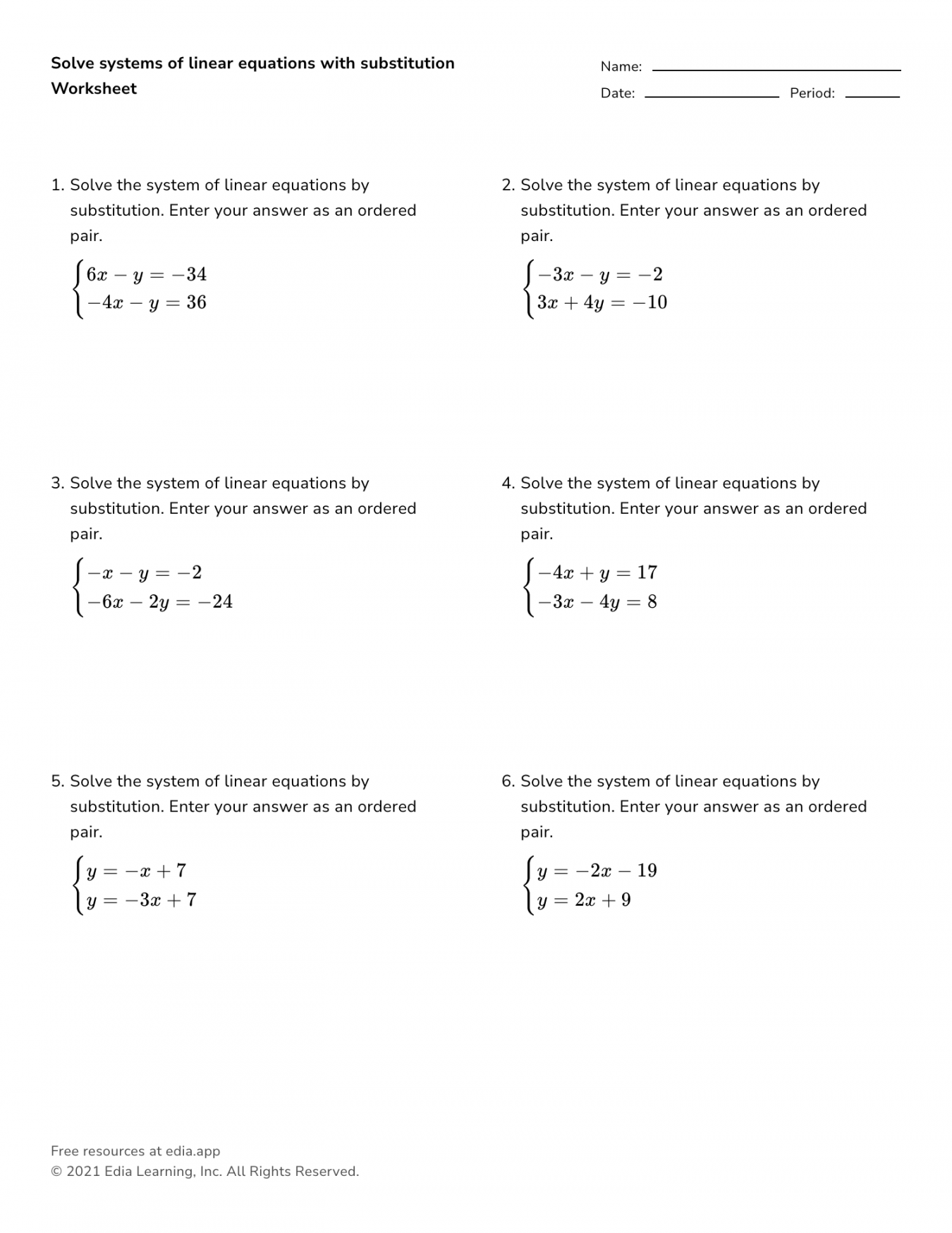 Solve Systems Of Linear Equations With Substitution - Worksheet