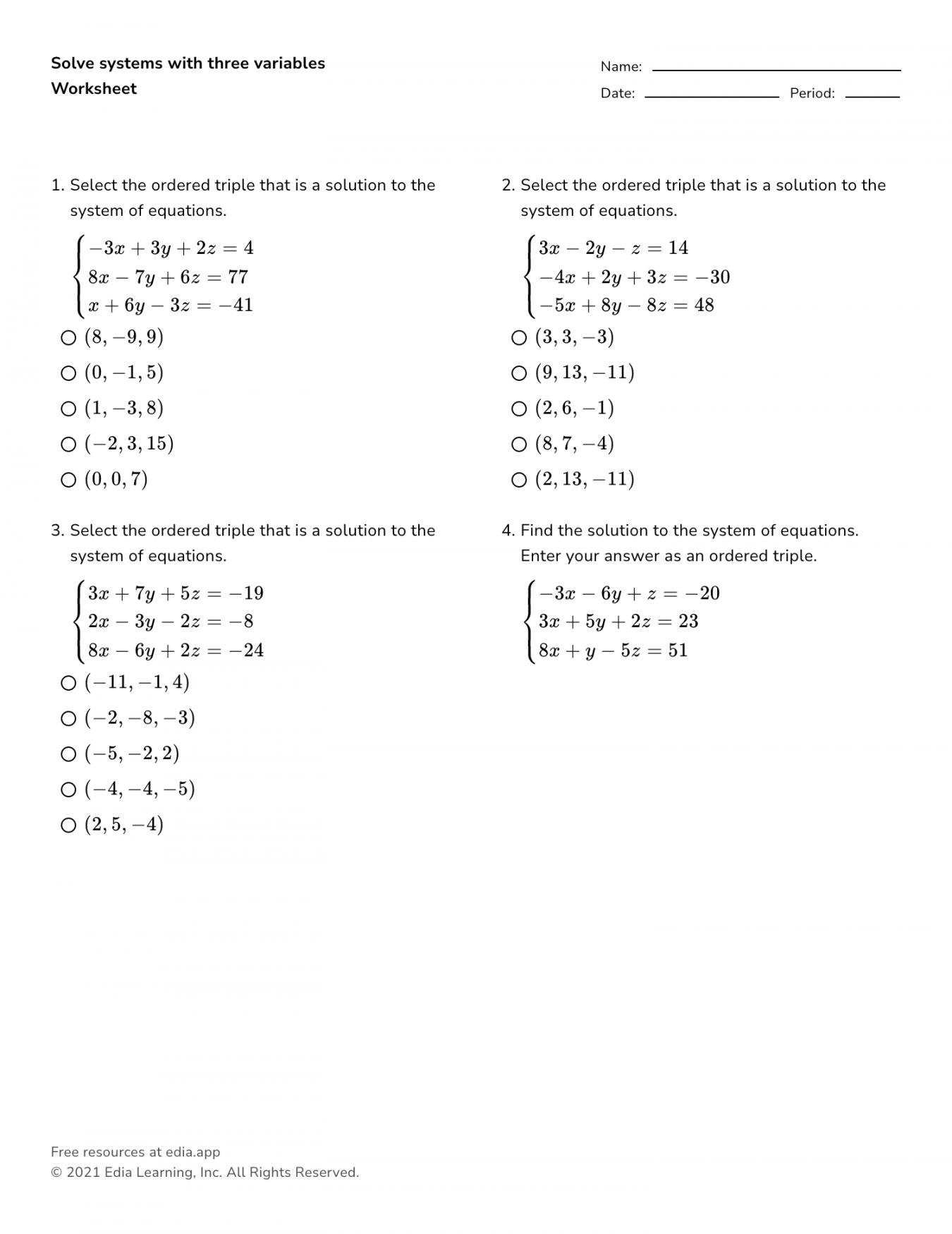 Solve Systems With Three Variables - Worksheet
