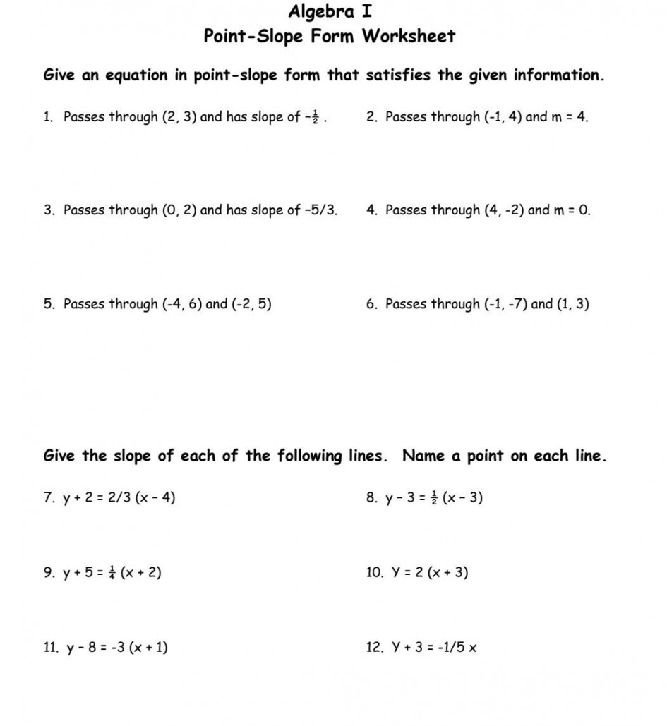 Solved Algebra I Point-Slope Form Worksheet Give an equation