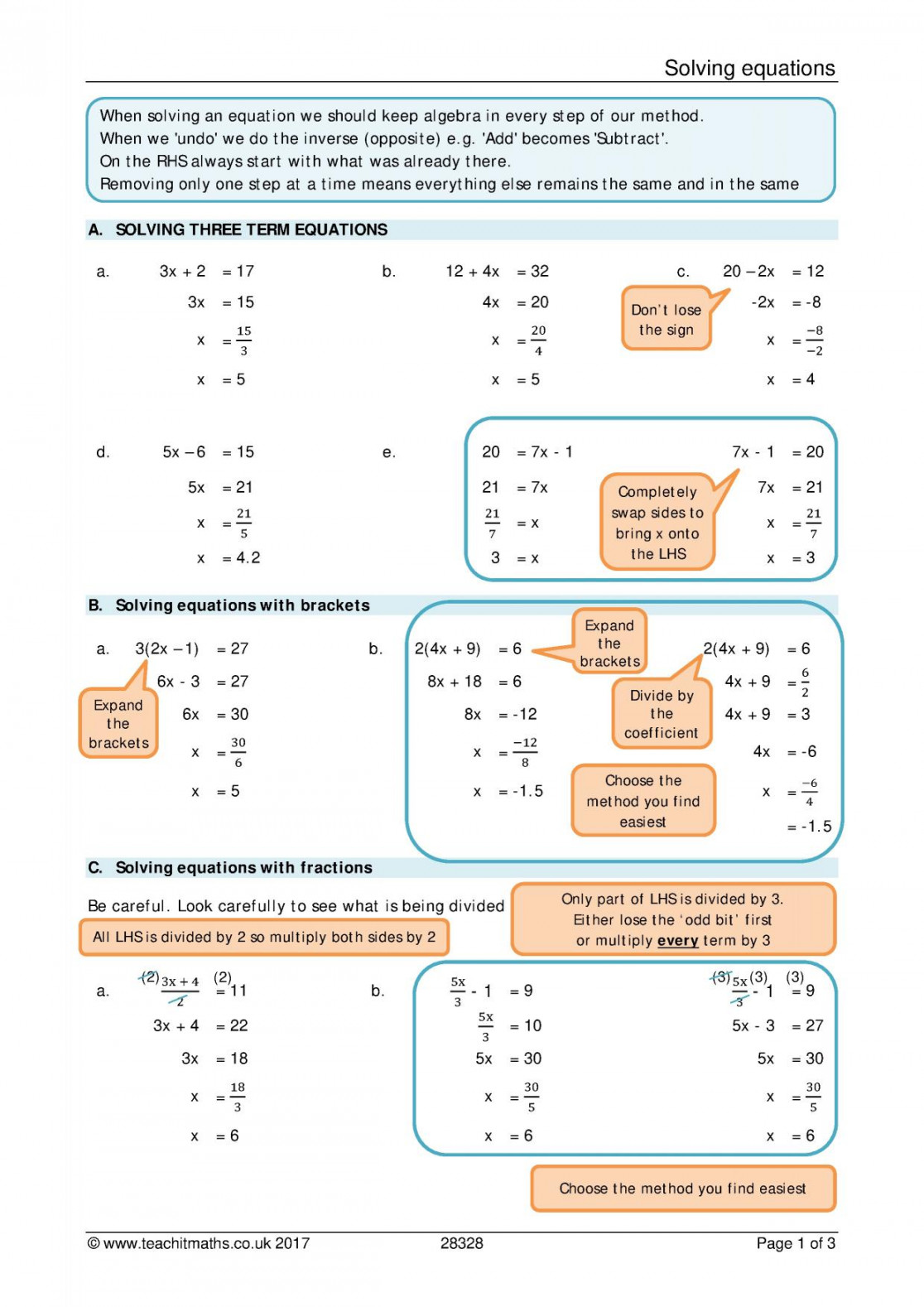 Solving equations review sheet  KS- maths  Teachit