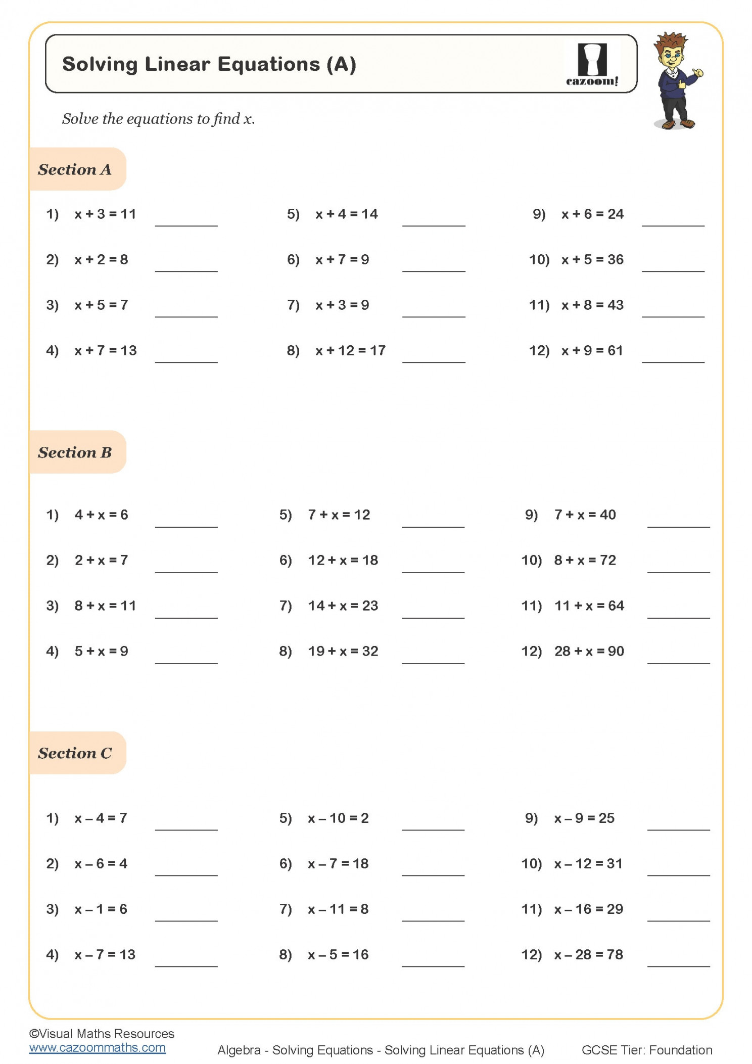 Solving Linear Equations (A) Worksheet  Cazoom Maths Worksheets