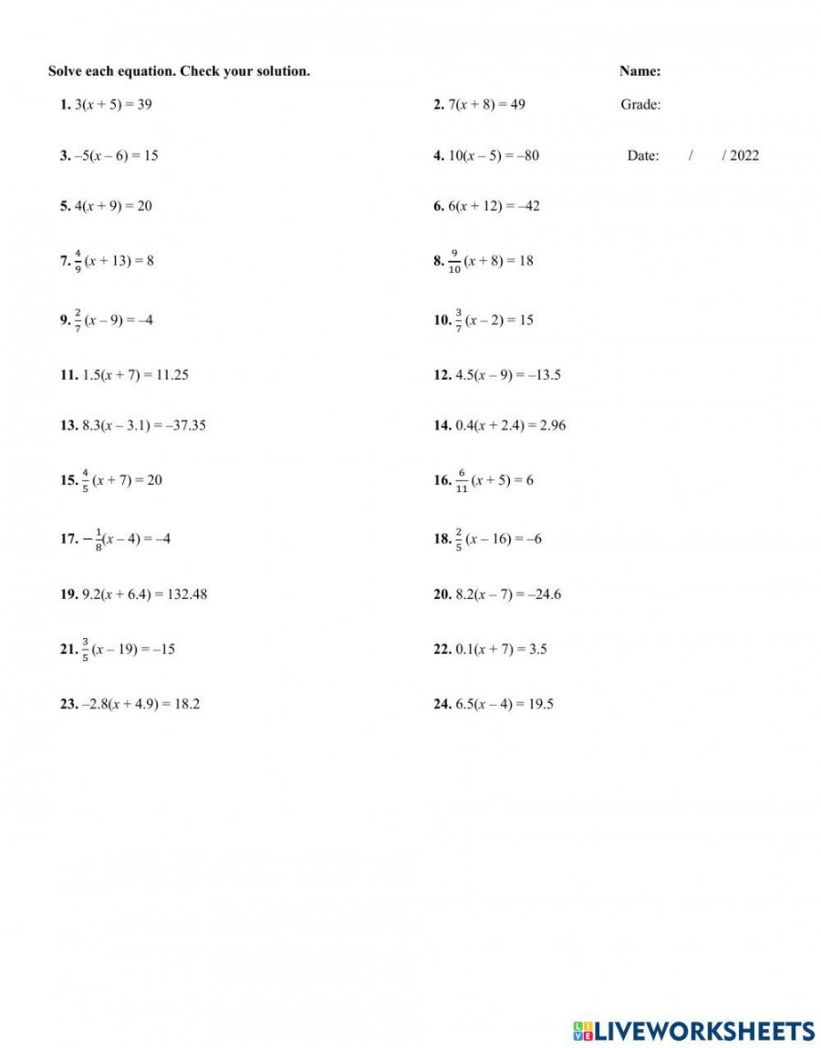solving multi step equations worksheet live worksheets 0