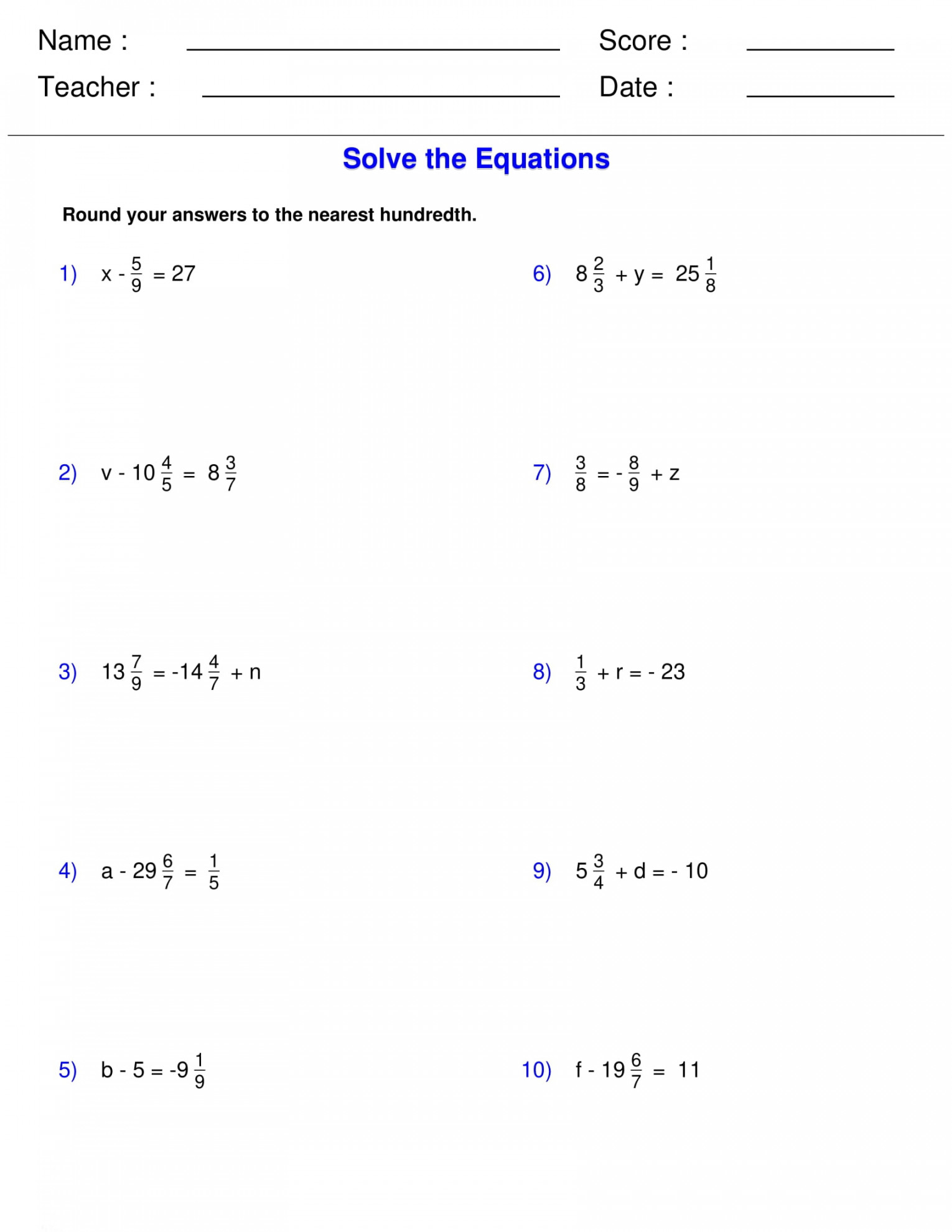 Solving One Step Equations with Fractions Worksheets - Algebra