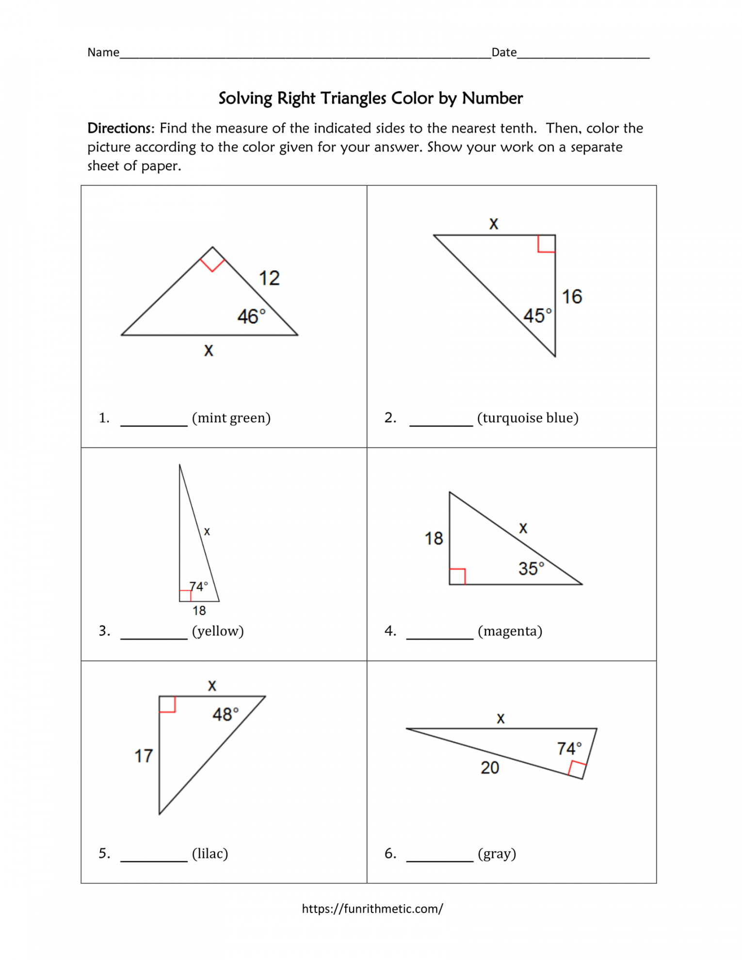 Solving Right Triangles Color by Number