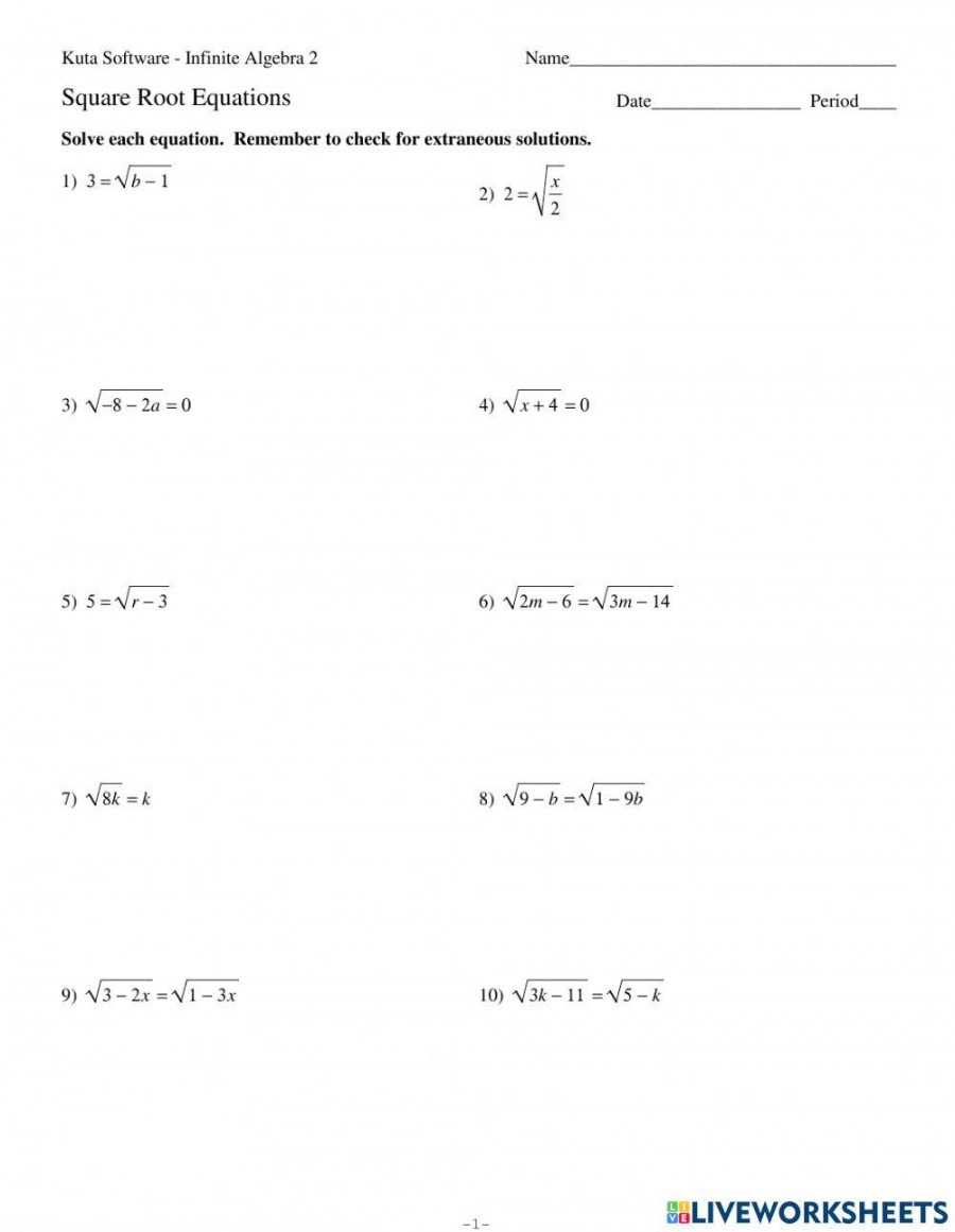 Solving Square Root Equations worksheet  Live Worksheets