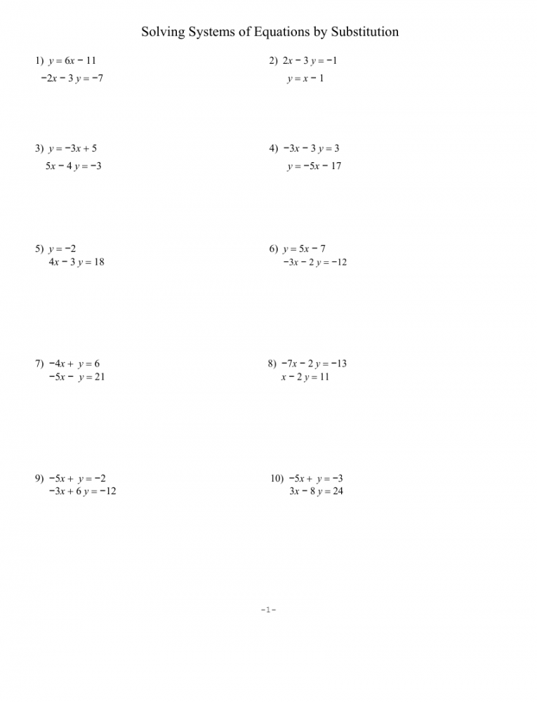 Solving Systems of Equations by Substitution Worksheet  Math Word