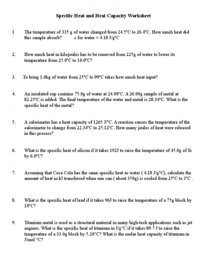 Specific Heat Capacity Worksheet No Answers  PDF