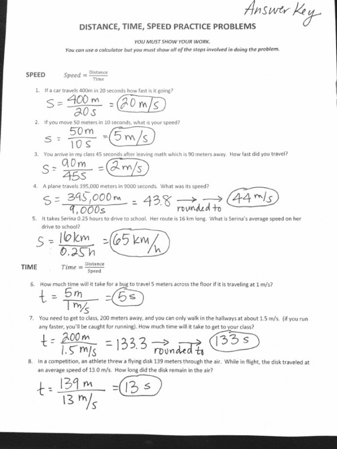 Speed Time Distance Calculations Answer Key Great Intro Classwork