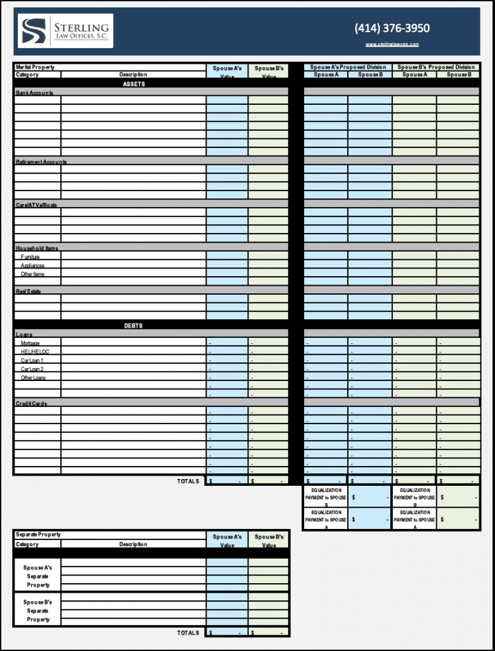 Splitting Assets Worksheet for Divorce in Wisconsin  Sterling Law