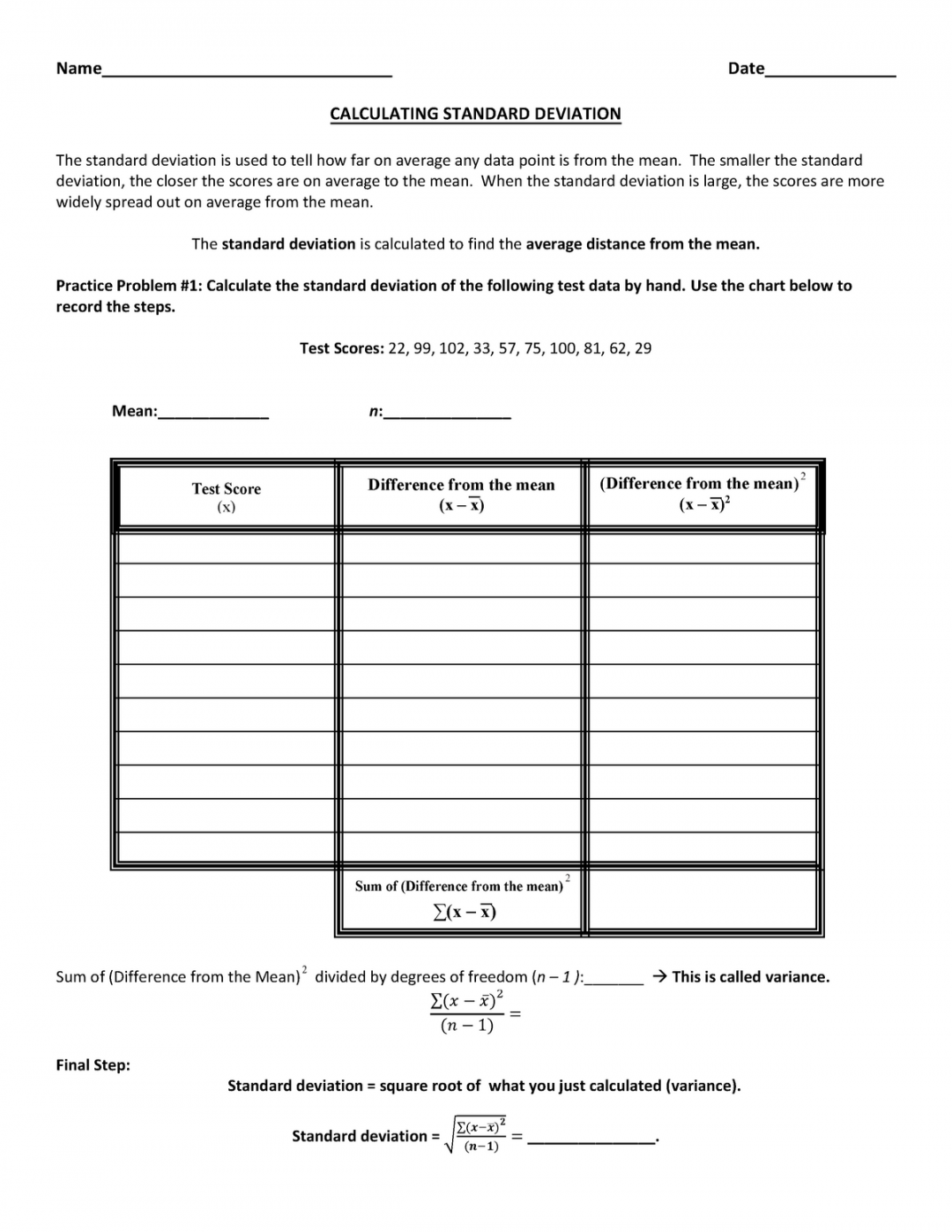 Standard Deviation Practice Worksheet - Name Date CALCULATING