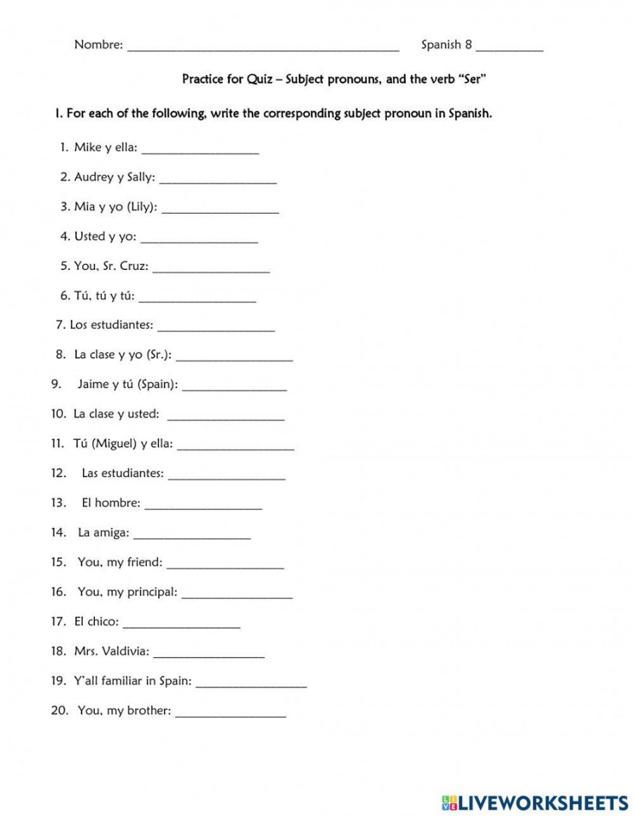 Subject Pronouns and verb Ser Practice worksheet  Live Worksheets