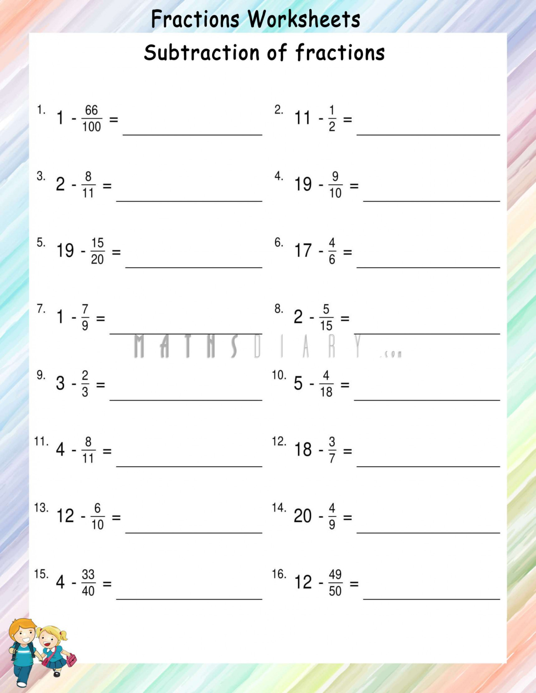 Subtracting fractions from whole numbers - Math Worksheets