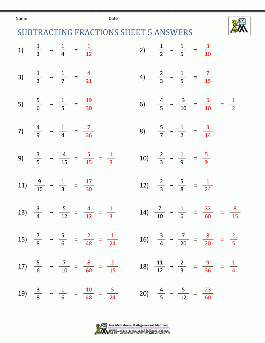 Subtracting Fractions Worksheets