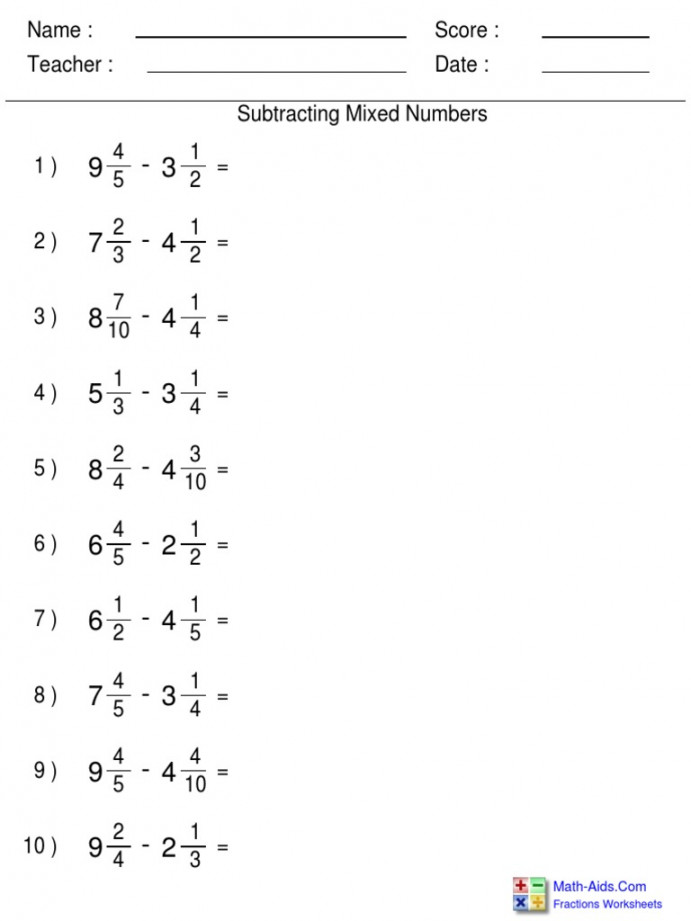 Subtracting Mixed Numbers  PDF  Notation  Abstract Algebra