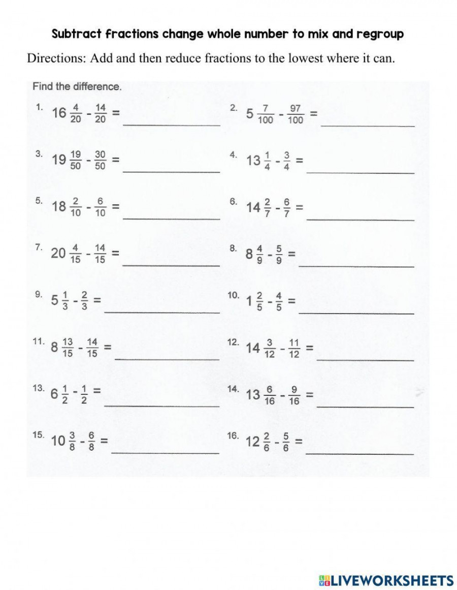 Subtract Mixed Numbers With Regrouping Worksheet