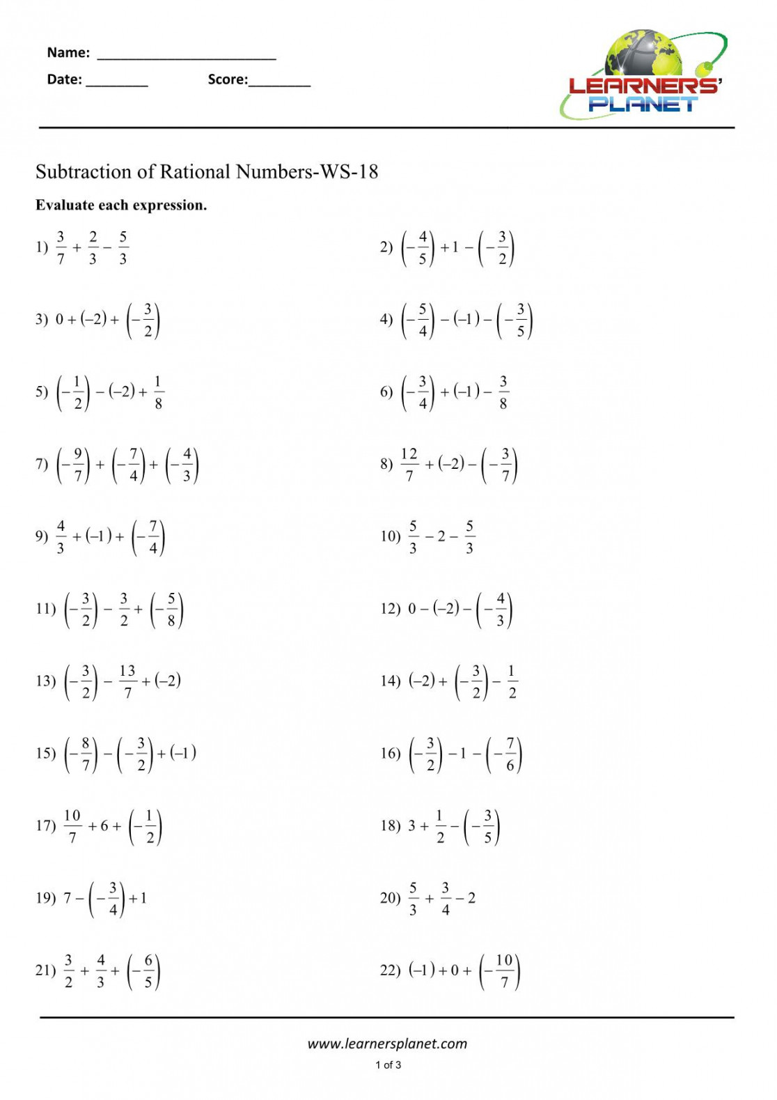 Subtracting rational numbers worksheet th grade