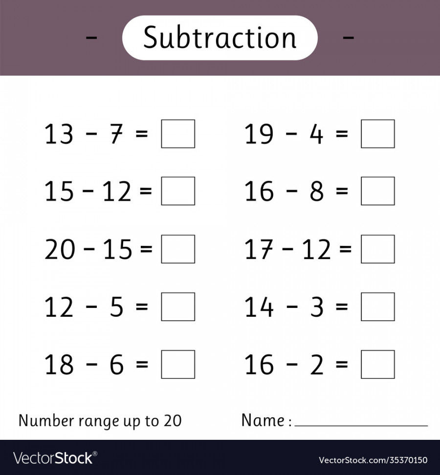 Subtraction number range up to  math worksheet Vector Image