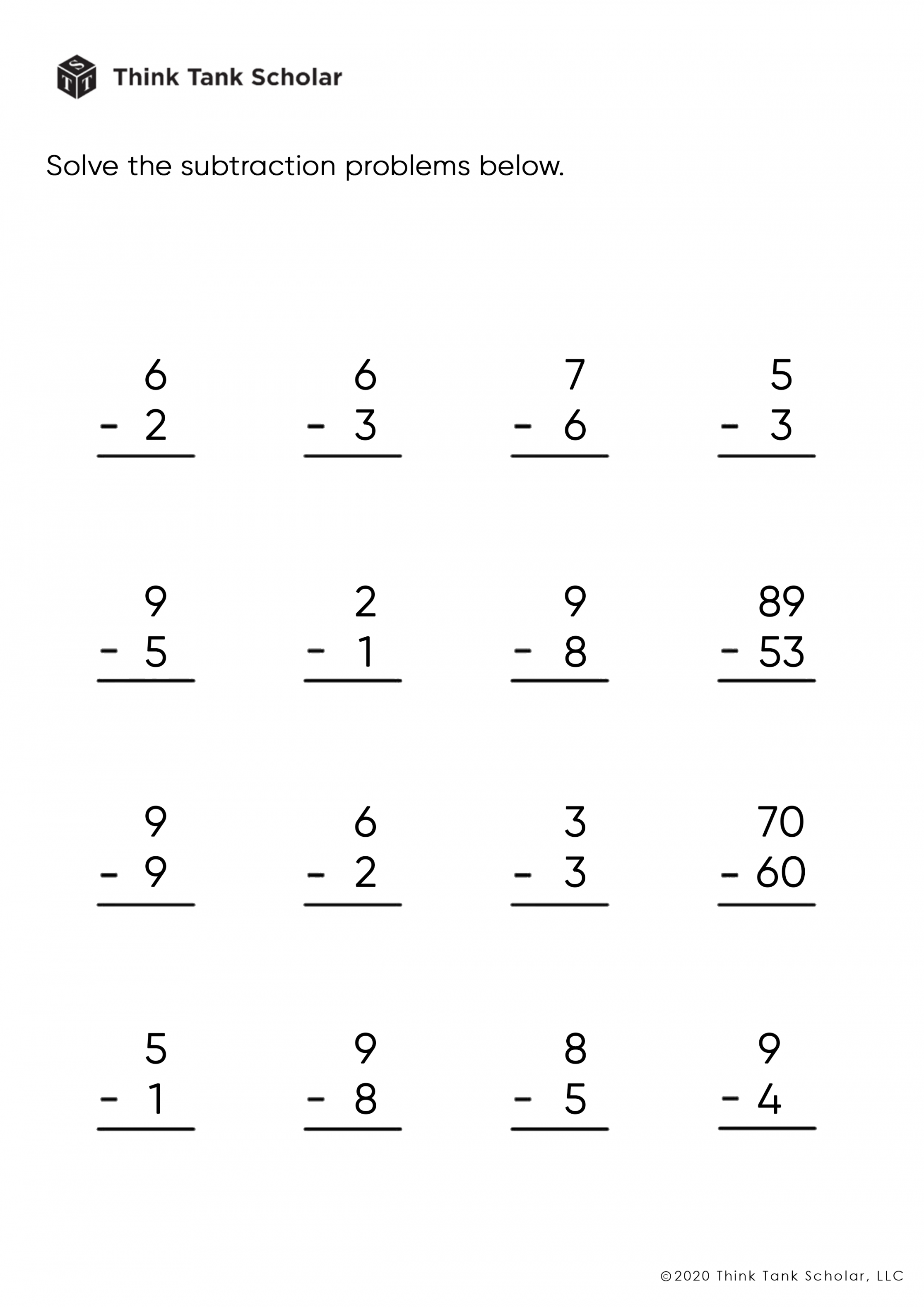 Subtraction Worksheets Exercises Printable PDF (FREE) - Think Tank
