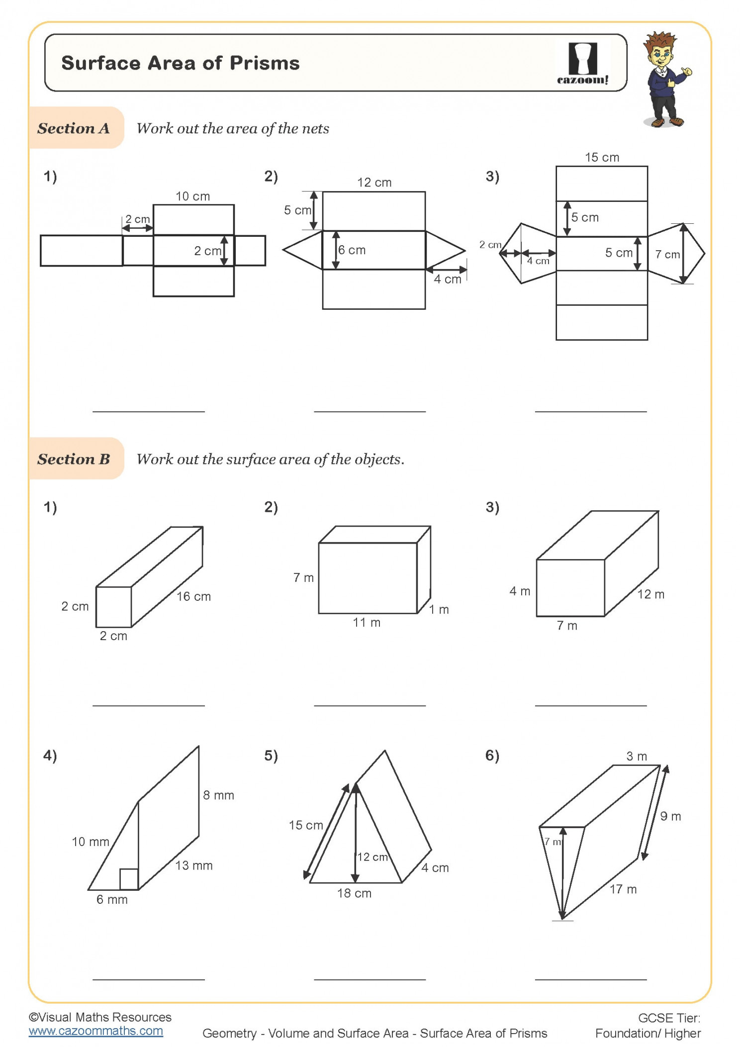 Surface Area of Prisms Worksheet  Printable Maths Worksheets