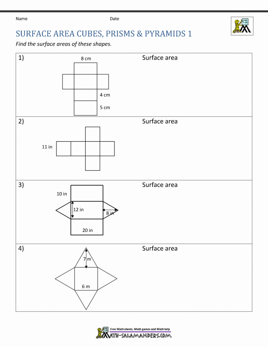 Surface Area Worksheet th Grade