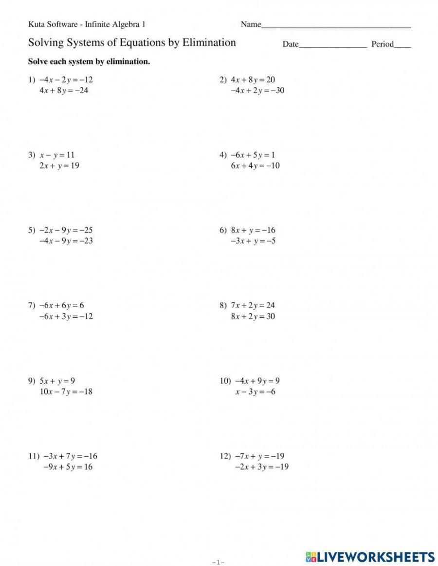 Systems of Equations Elimination worksheet  Live Worksheets