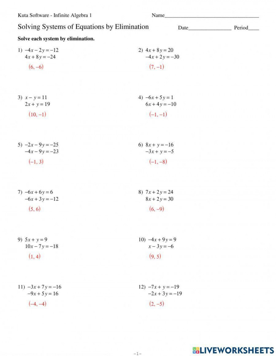 Systems of Equations Elimination worksheet  Live Worksheets