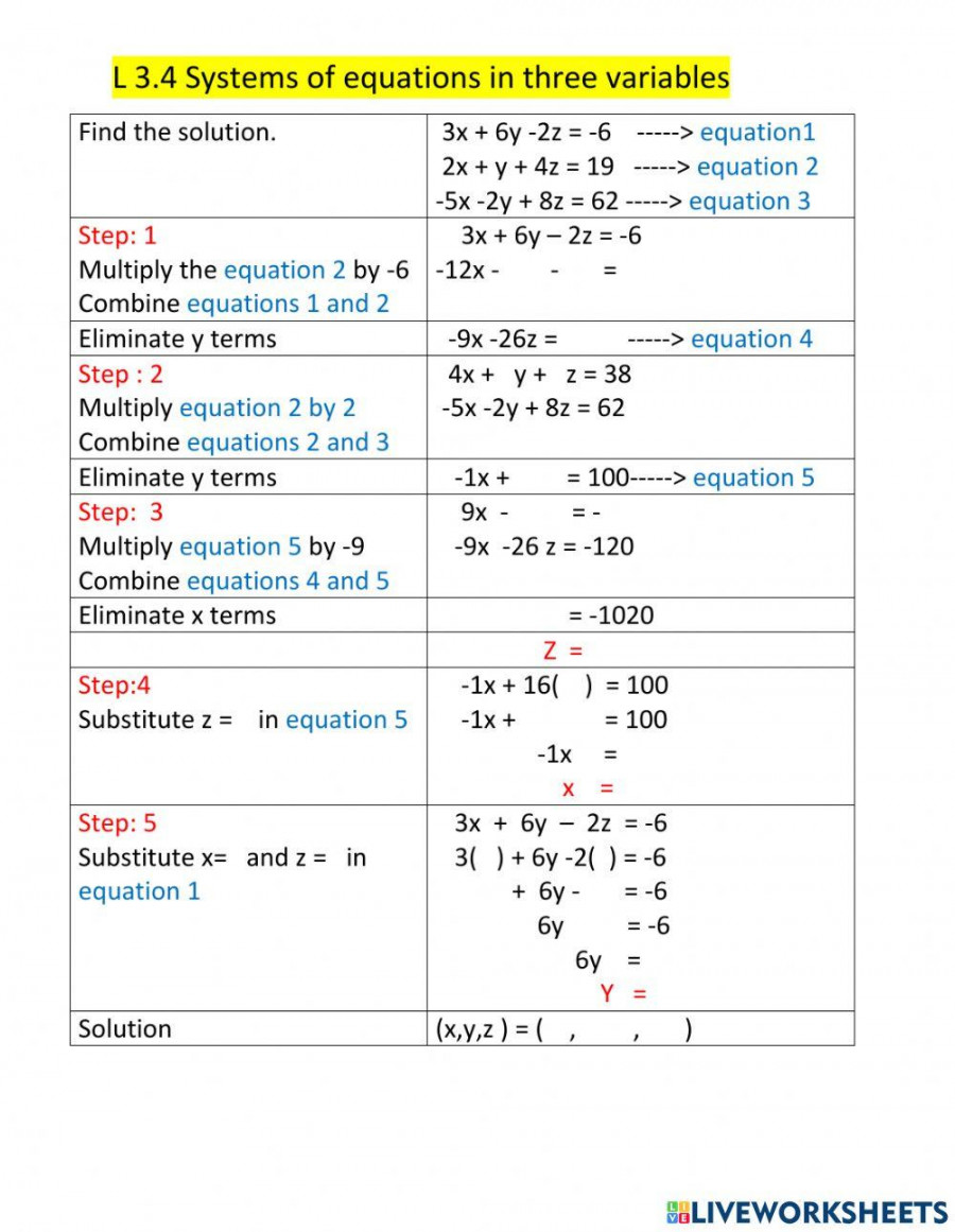 Systems of equations in three variables worksheet  Live Worksheets