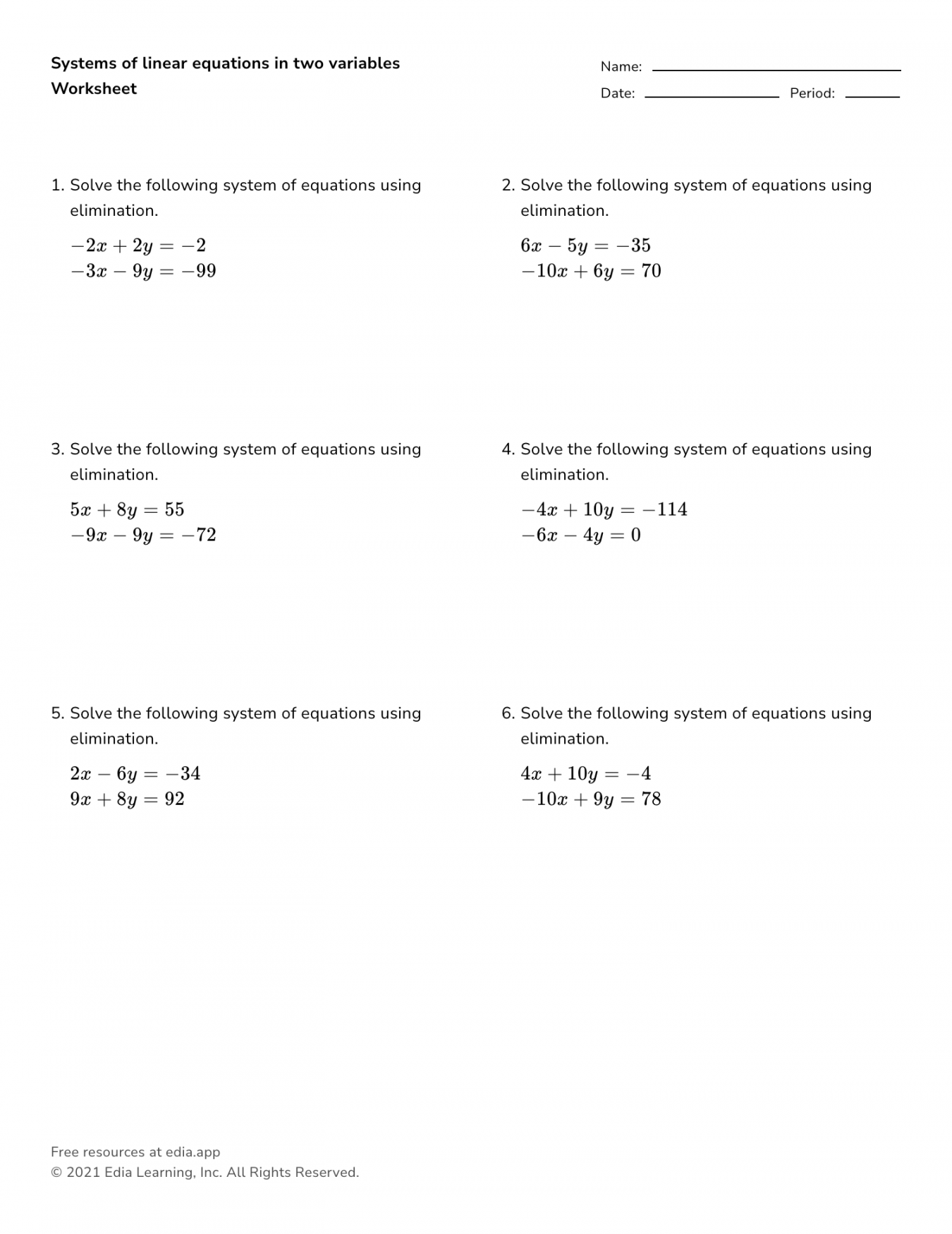 Systems Of Linear Equations In Two Variables - Worksheet