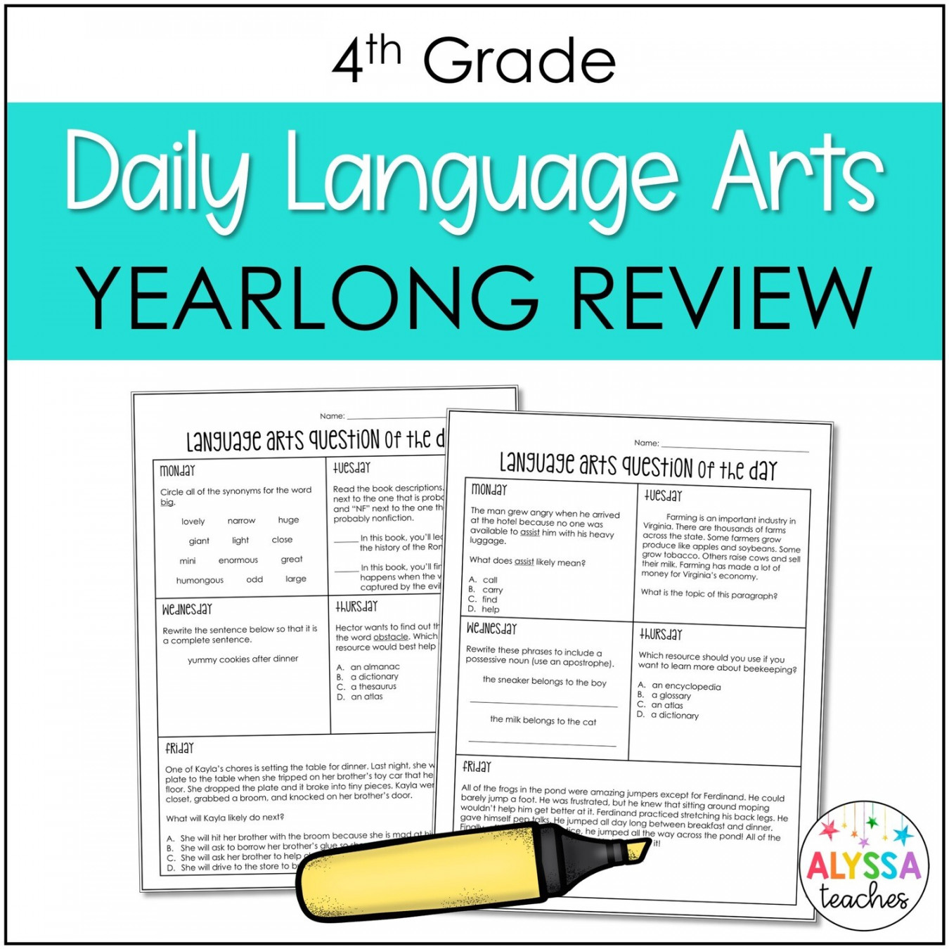th Grade Daily Language Arts Review Worksheets