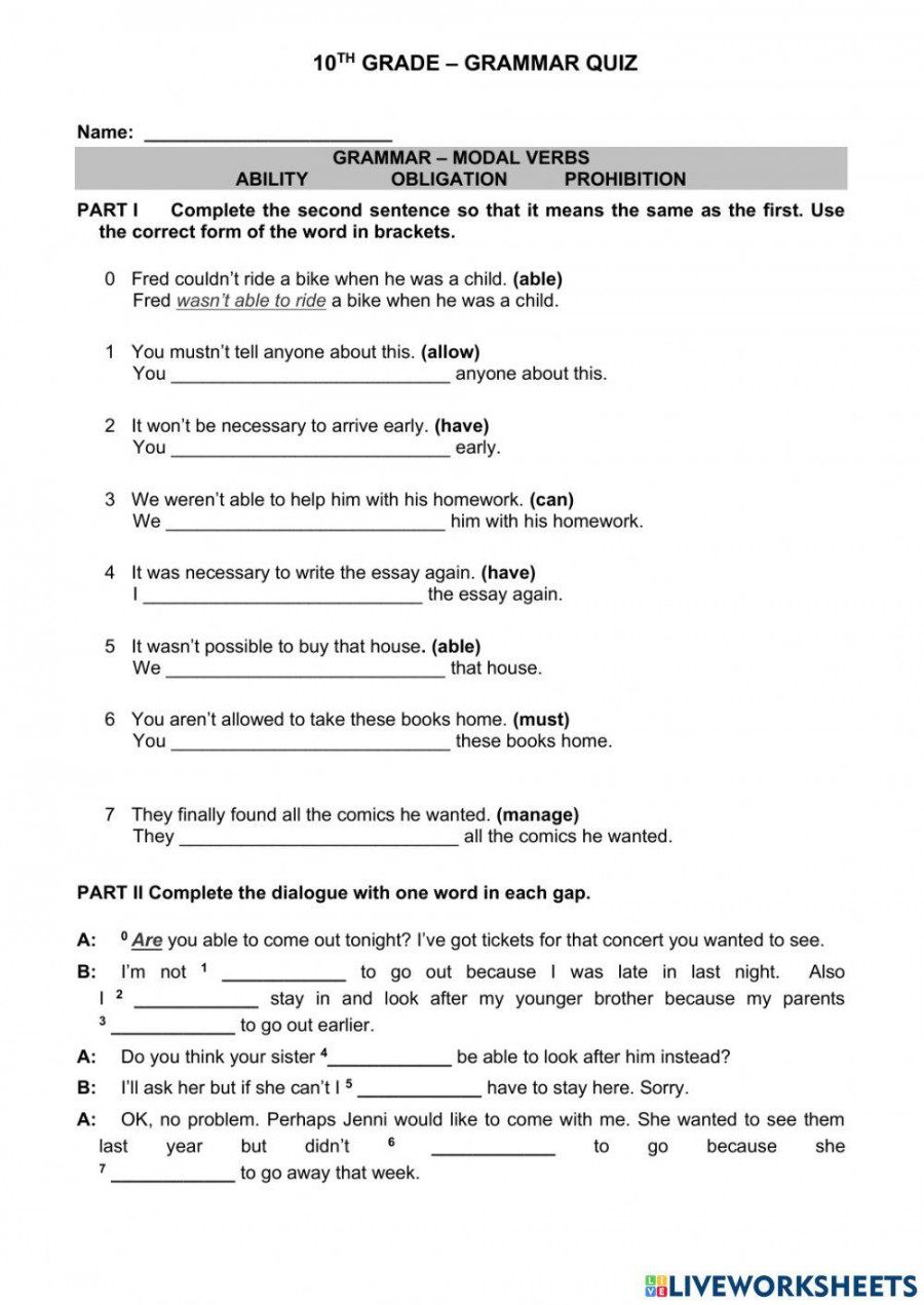 th grade - grammar quiz worksheet  Live Worksheets