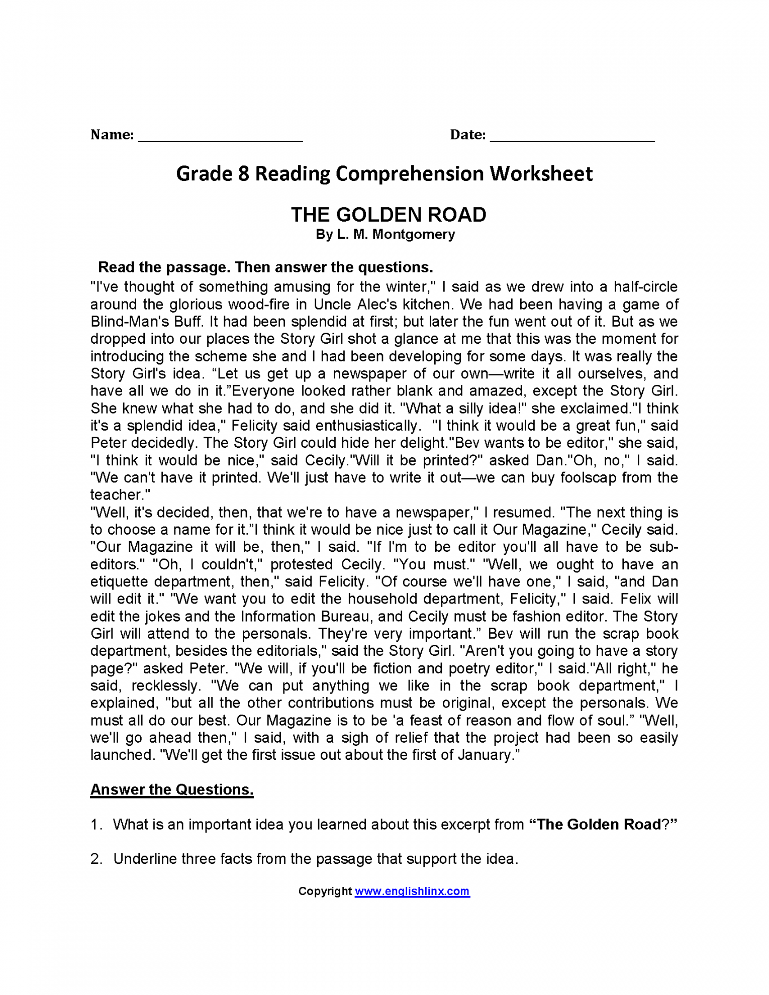 The Golden Road Eighth Grade Reading Worksheets  Comprehension