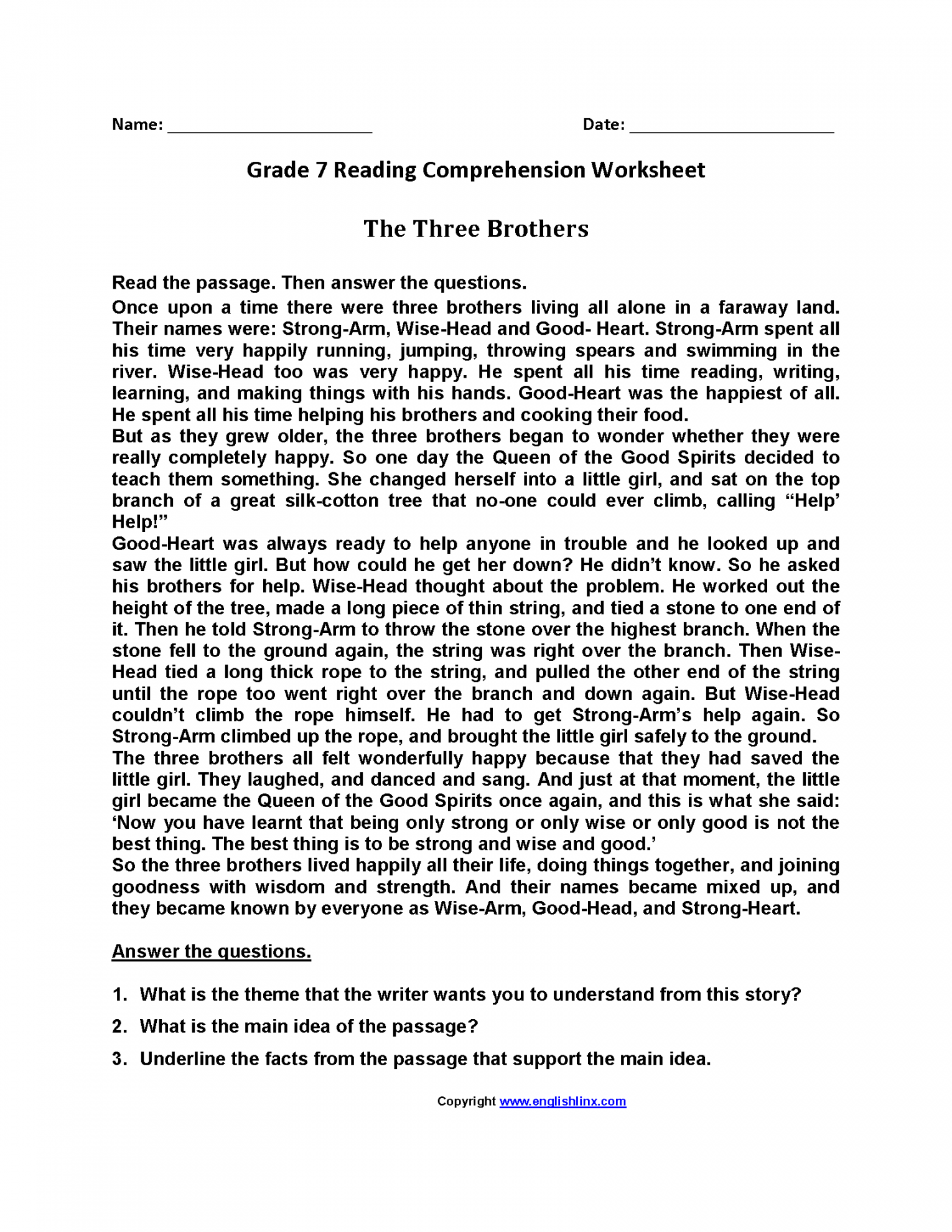 Three Brothers<br>Seventh Grade Reading Worksheets  Reading