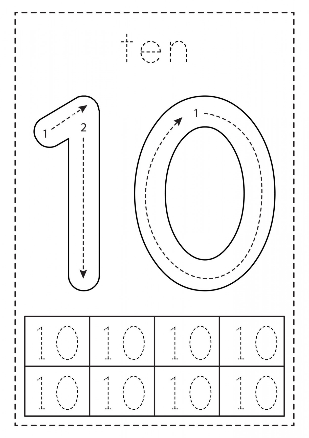 Tracing number ten. Preschool worksheet. Black and white