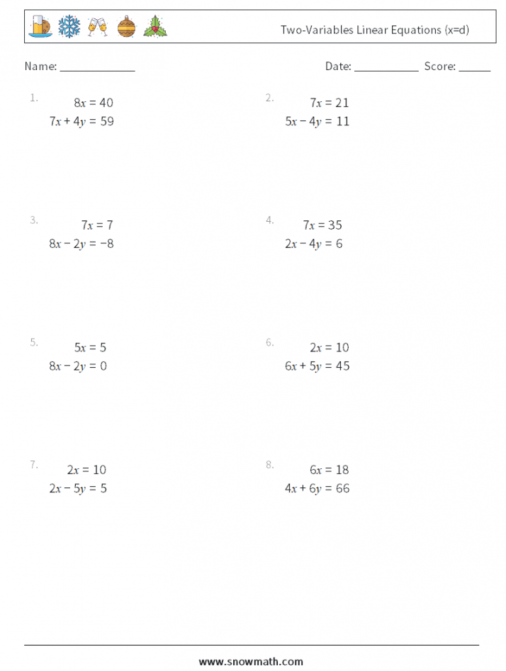 two-variables linear equations (x=d) Math Worksheets, Math
