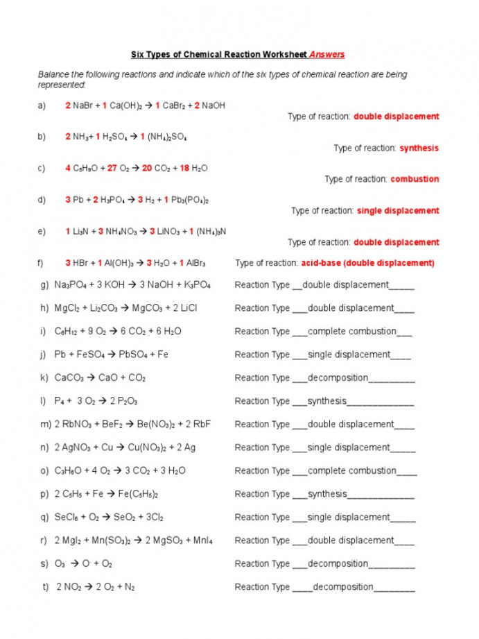 Types of Chemical Reaction Worksheet Practice Answers  PDF