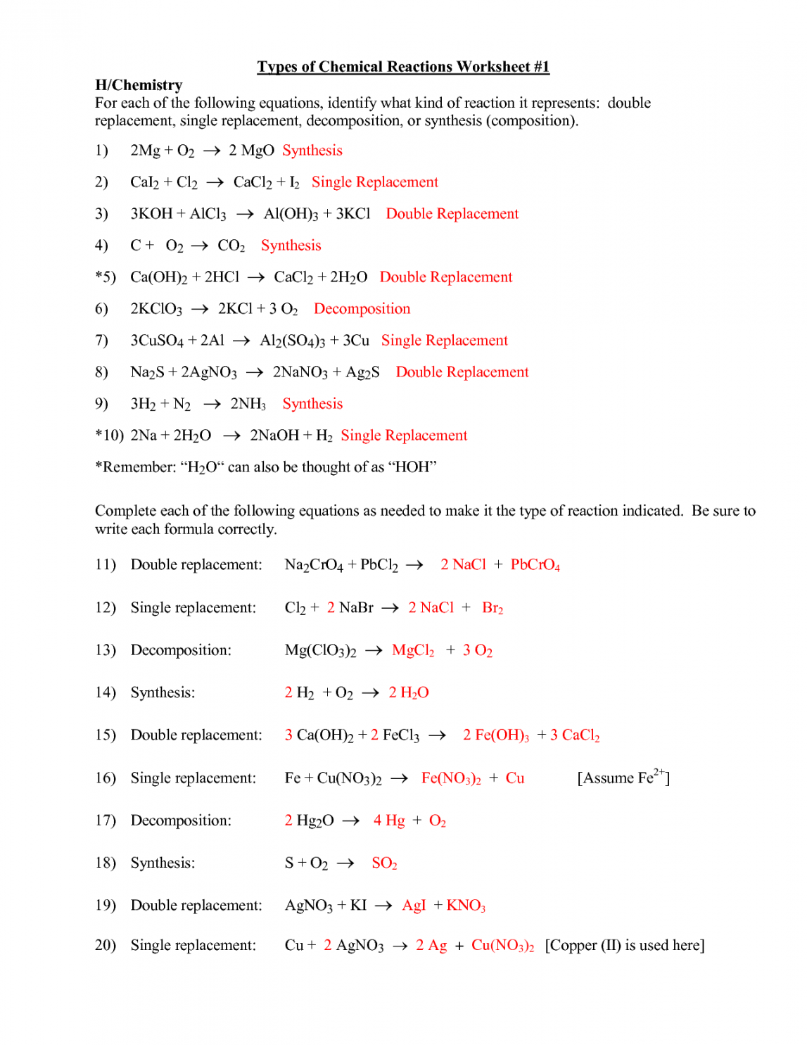 Types Of Chemical Reactions Worksheets Answer Key  Chemistry