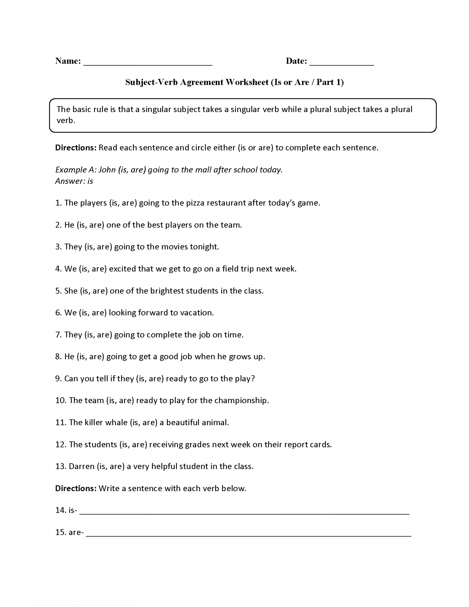 Verbs Worksheets  Subject Verb Agreement Worksheets