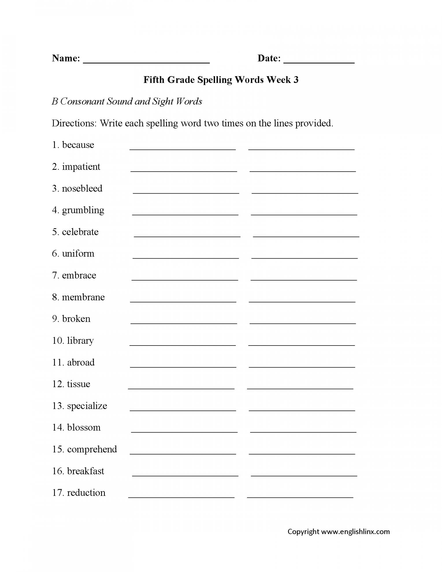 Week  B Consonant Fifth Grade Spelling Worksheets  Grade