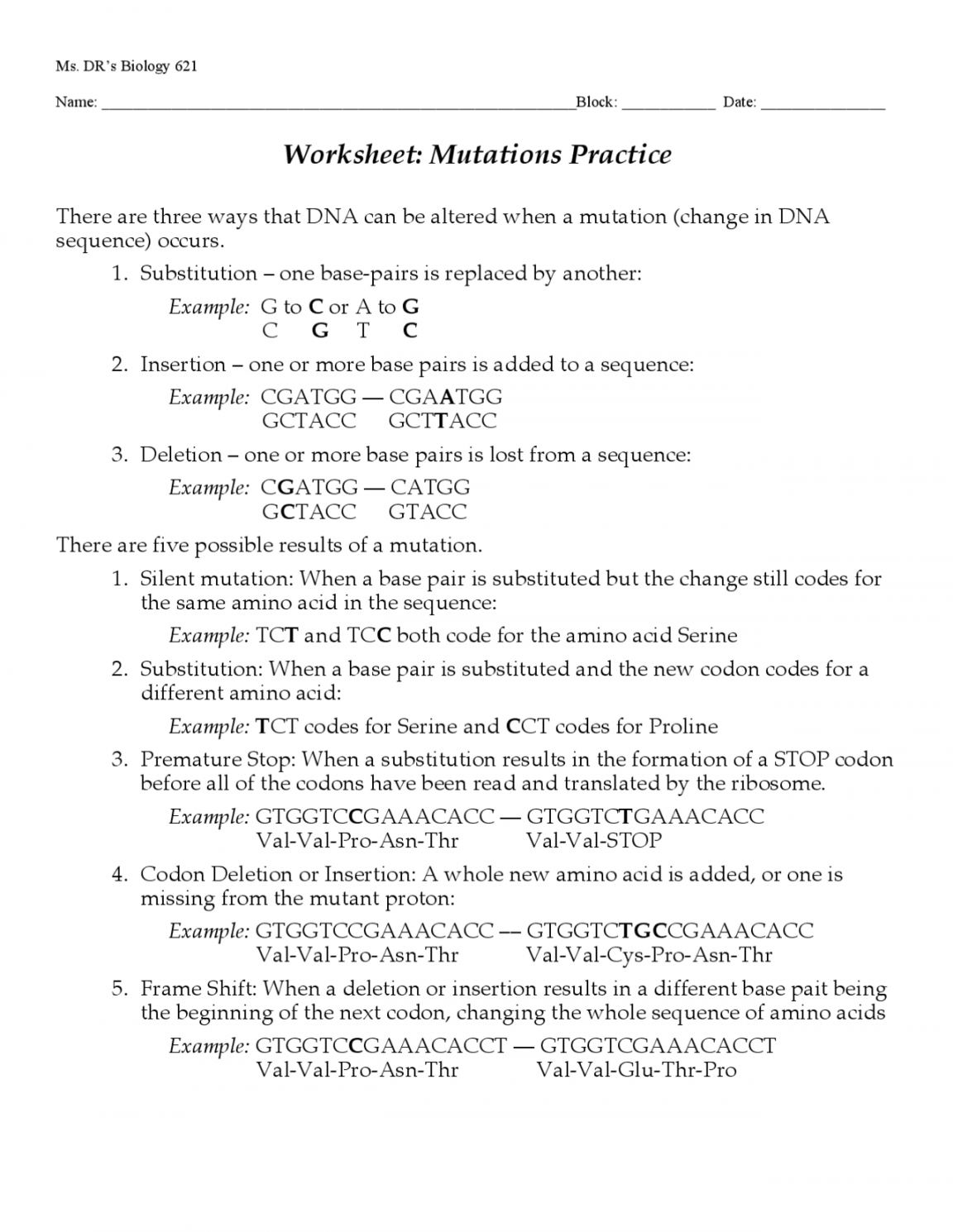 Worksheet: Mutations Practice Questions  Exercises Genetics  Docsity