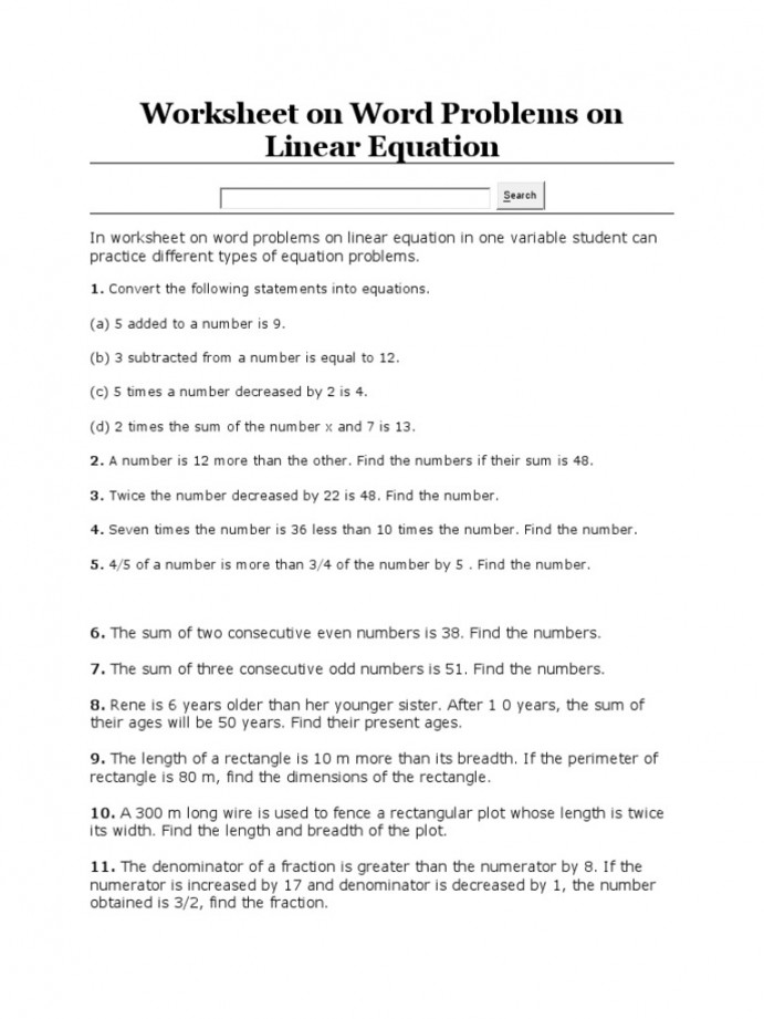 Worksheet On Word Problems On Linear Equation MATH  TH MID  PDF