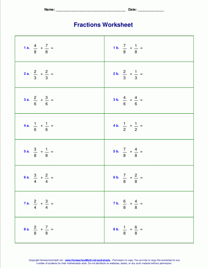 Worksheets for fraction addition