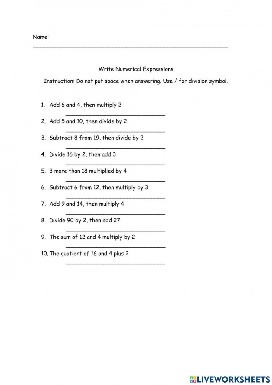 Write Numerical Expression worksheet  Live Worksheets