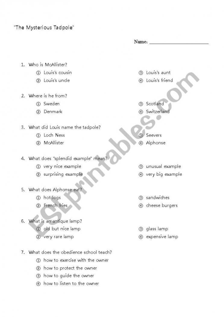 A Fish Out Of Water/ A Mysterious Tadpole - ESL worksheet by kenzn