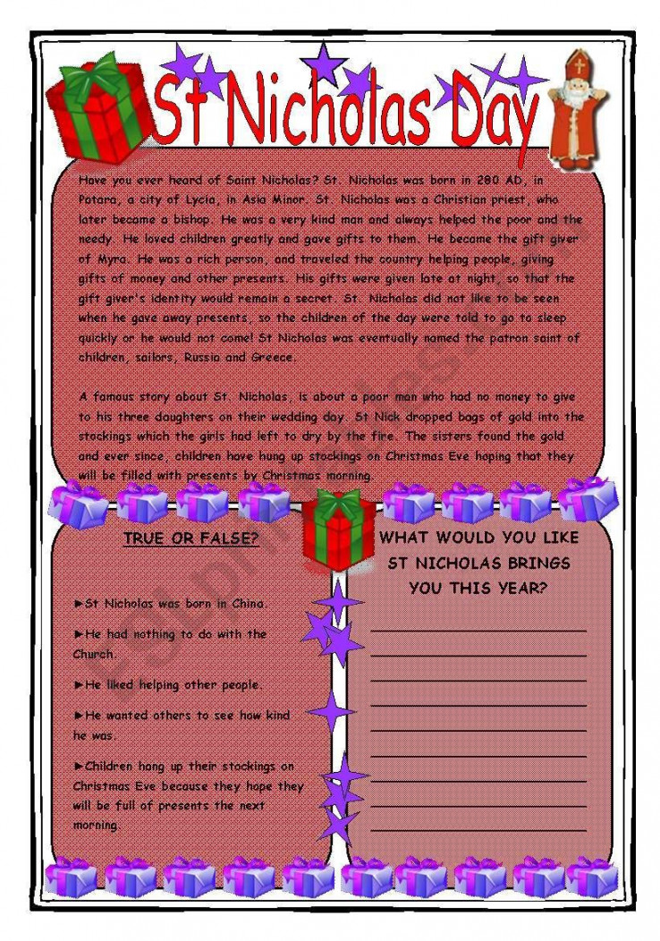 A simple worksheet about a saint called St Nicholas